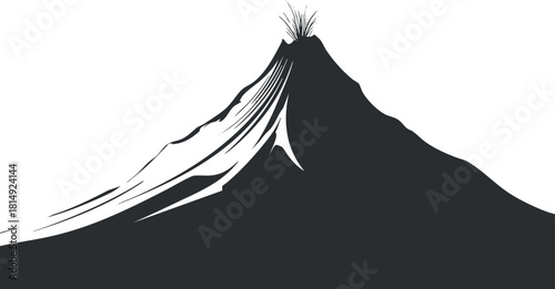 Stylized black and white vector illustration of a volcano with flowing lava and vegetation, suitable for nature themes and environmental projects