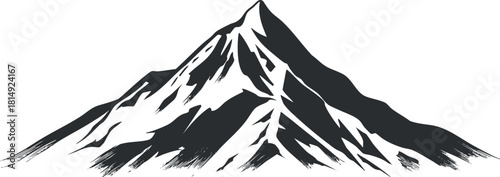 Stylized black and white vector illustration of a majestic mountain peak, ideal for outdoor and adventure-themed designs.