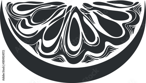 Stylized black and white vector illustration of a lemon slice, suitable for food branding and design projects