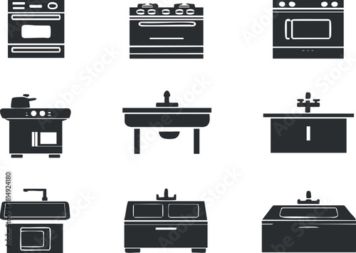 Set of black and white vector icons depicting various kitchen appliances and furniture for interior design projects