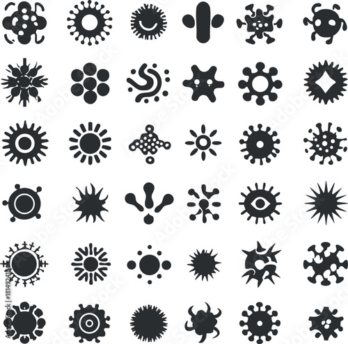Set of minimalist black and white vector icons representing various virus and bacteria shapes for health and science projects