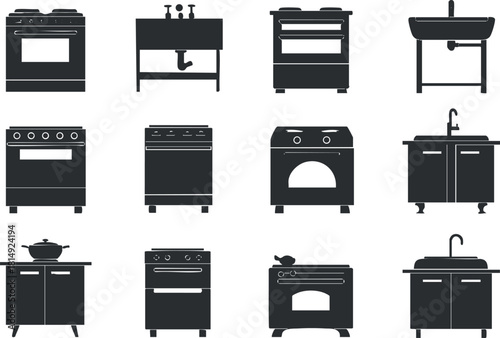 Collection of minimalist black vector icons representing various kitchen appliances and furniture for design projects