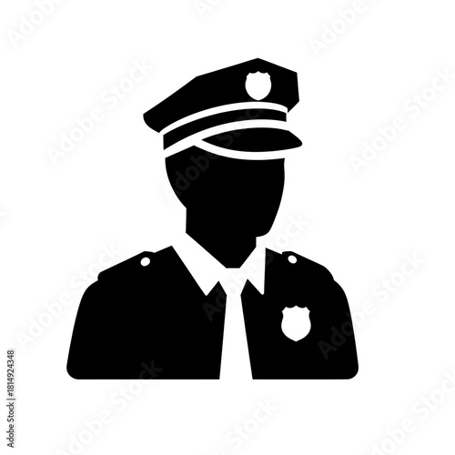 Silhouette of a police officer in uniform with a hat and badge, representing law enforcement and security