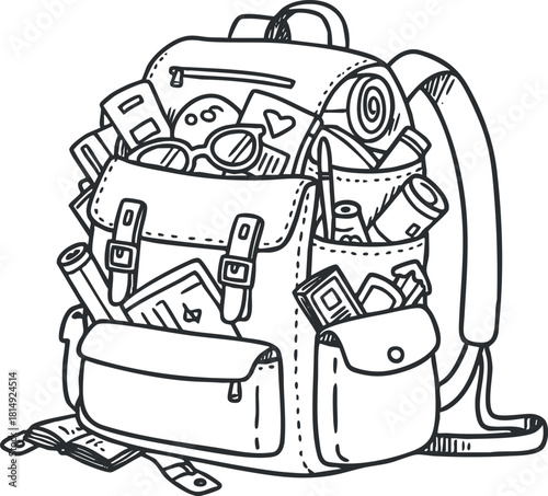 Hand-drawn outline vector illustration of a backpack filled with various school and travel supplies for design and educational projects