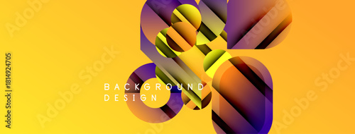 Abstract geometric design. Yellow background features layered shapes, purple, green, orange hues. Modern visual element for projects.