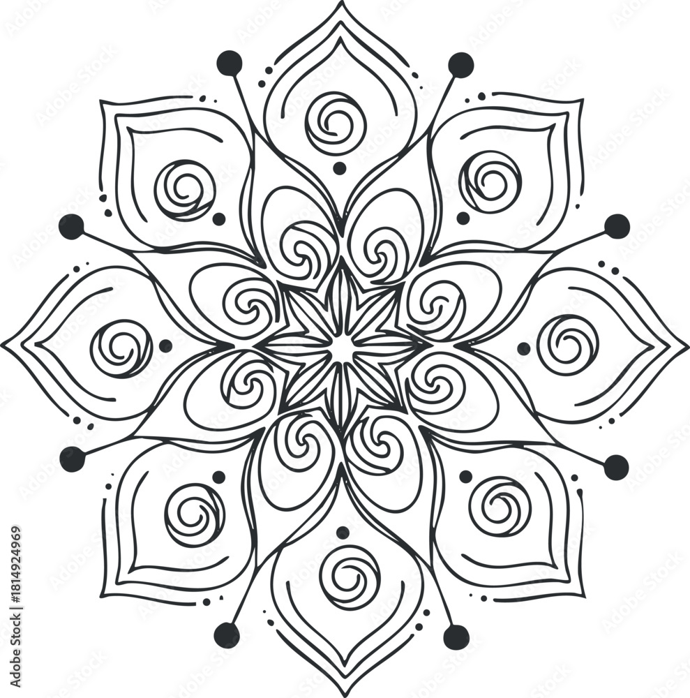 Fototapeta premium Intricate black and white mandala vector illustration featuring floral and swirling patterns for decor and creative projects