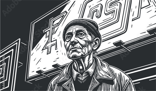 Vintage black and white vector illustration of an elderly man standing in front of an urban backdrop for art projects