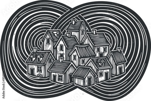 Intricate black and white vector illustration of a cluster of houses representing community and interconnectedness, ideal for design and branding projects