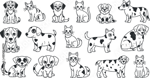 Cute vector illustration set featuring playful dogs and cats in a whimsical outline style for pet-related projects