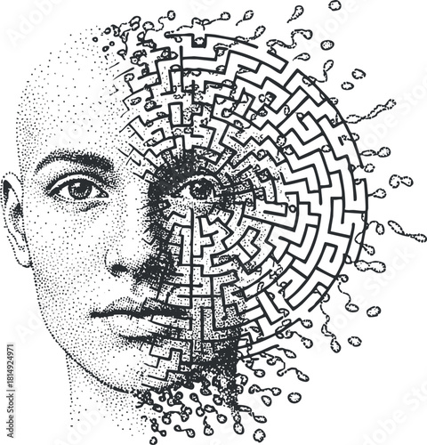 Intricate line art illustration of a human face merging with a maze, symbolizing creativity and introspection