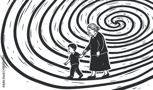 Black and white vector illustration depicting a grandmother and child walking hand in hand through a swirling spiral, symbolizing connection and journey.