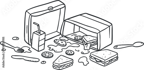 Playful hand-drawn vector illustration of a messy kitchen scene featuring a sandwich, juice carton, and utensils for food-themed design projects