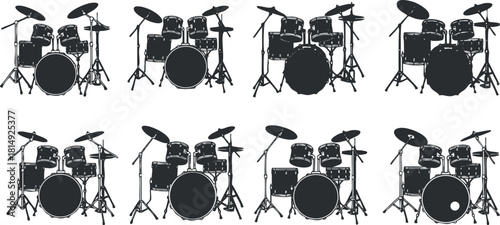 Silhouette vector icon set showcasing various drum sets for music and entertainment design projects