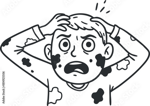 Hand-drawn vector illustration of a confused child with messy hair and a panicked expression, ideal for children's books and educational materials