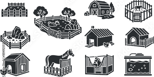 Collection of minimalist vector illustrations depicting various farm buildings, animal pens, and pet shelters for agricultural themes