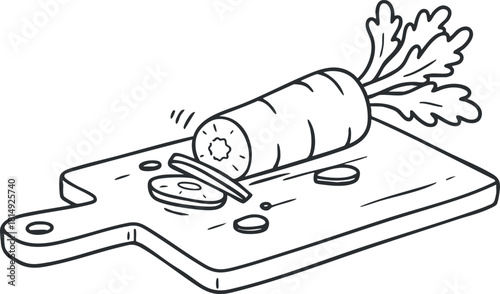 Line art illustration of a carrot being sliced on a cutting board, ideal for kitchen and food-related designs