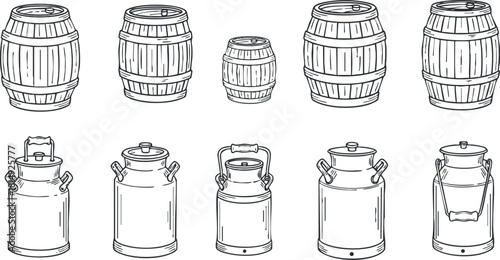 Outline vector illustration set of vintage barrels and containers for rustic kitchen or storage concepts