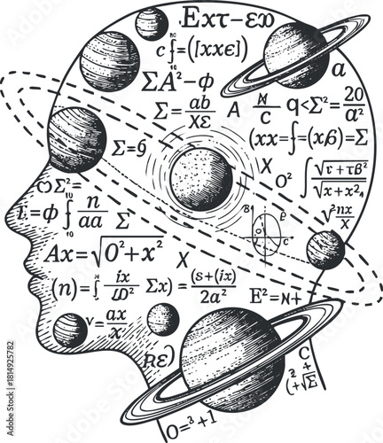 Abstract vector illustration of a human head filled with planets and mathematical equations, ideal for educational and scientific themes