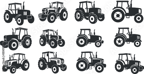 Silhouette vector icon set featuring various tractor designs for agricultural and farming projects.