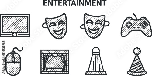 Vector illustration of entertainment icons including a TV, theater masks, gaming controller, and more for design projects