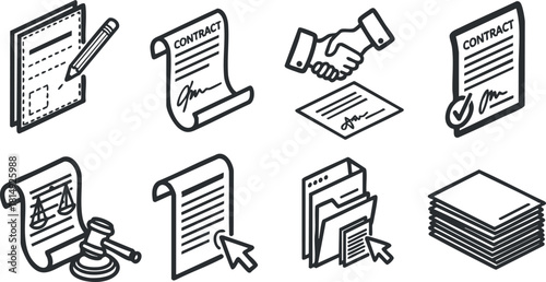 Outline vector icon set depicting contract signing, legal documents, signatures, and partnership concepts for business and legal themes