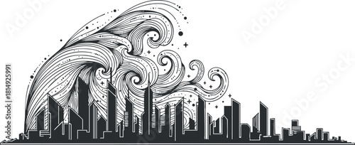 Creative black and white vector illustration of a city skyline with dynamic wave patterns, perfect for modern design and branding projects