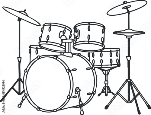 Outline vector illustration of a drum set featuring drums and cymbals, ideal for music-related designs and branding