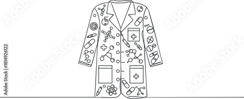 Outline vector illustration of a lab coat decorated with scientific symbols and medical icons for educational and healthcare design projects