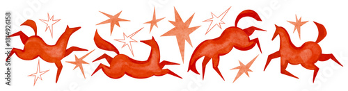 Fotografie Watercolor set, symbol of the Chinese New Year 2026 - red abstract stylish jumping horses and stars isolated on white background
