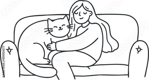 Line art illustration of a woman sitting on a sofa with a large cat, showcasing companionship and comfort in a cozy home setting