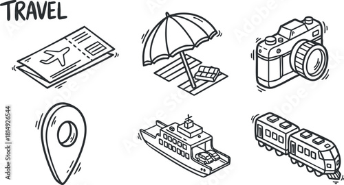 Collection of travel-themed vector icons featuring airplane, camera, ship, train, and map elements in a minimalist style