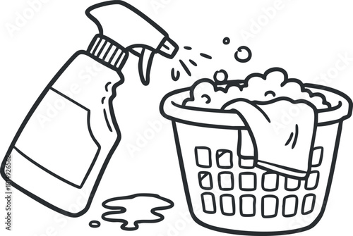 Outline vector illustration of a spray bottle and a laundry basket with bubbles, ideal for cleaning and household projects