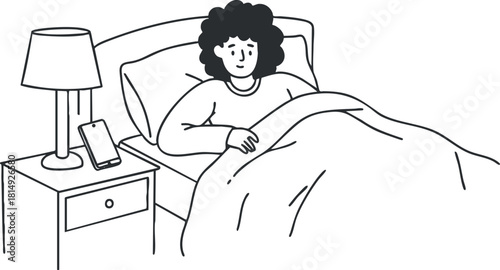 Minimalist line art illustration of a woman relaxing in bed with a phone and bedside lamp for wellness and lifestyle projects