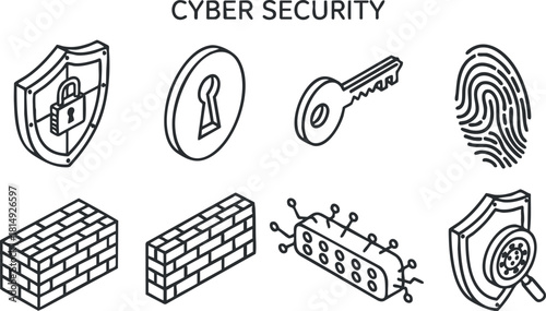 Vector illustration set of cyber security concepts including locks, keys, fingerprint, and brick wall for technology and safety design projects