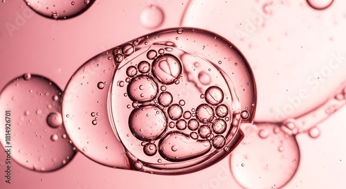 Abstract pink bubbles and oil droplets a macro image for scientific or cosmetic use