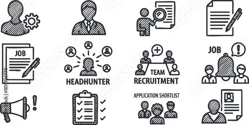 Set of modern vector icons representing job recruitment, headhunter services, team hiring, and application processes for professional use