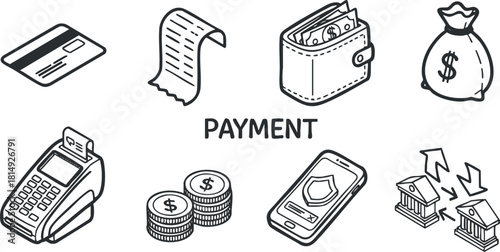 Hand-drawn vector icon set representing various payment methods and financial concepts for digital and print design projects