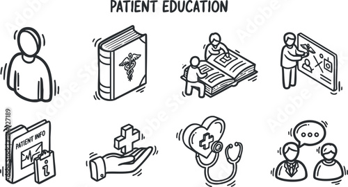 Hand-drawn vector illustration of patient education concepts featuring icons for learning, communication, and healthcare support.