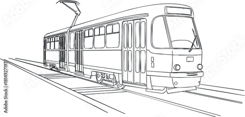 Outline vector illustration of a tram on railway tracks in a minimalist style for urban transport projects.