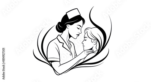 Compassionate nurse gently caring for a patient in a line art illustration.