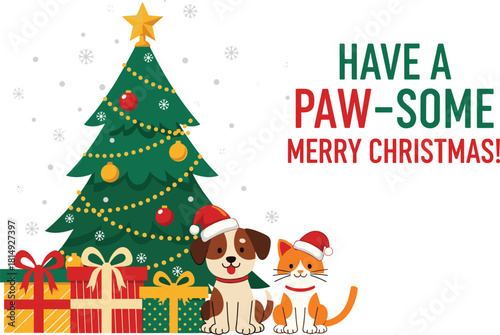 Cute Christmas pets illustration with dog and cat, festive holiday tree scene, gift boxes, snowfall background, adorable animal greeting card design
