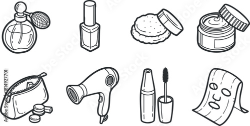 Outline vector illustration of beauty and cosmetics products including perfume, nail polish, and skincare items for personal care design