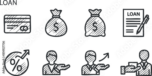 Hand-drawn vector icons illustrating loan concepts including credit cards, money bags, financial growth, and loan agreements for banking projects.