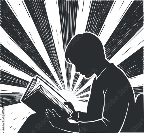 Silhouette vector illustration of a person reading a book with radiating lines, perfect for educational and inspirational themes