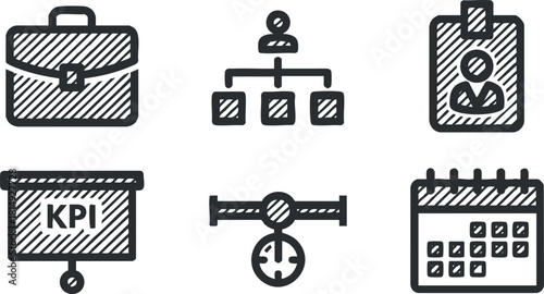 Hand-drawn vector icon set featuring business and management concepts like KPI, organization chart, calendar, and briefcase for professional use