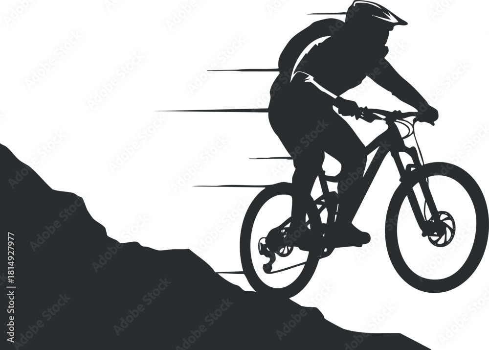 Fototapeta premium Dynamic black and white vector illustration of a cyclist riding downhill, perfect for sports and adventure-themed designs