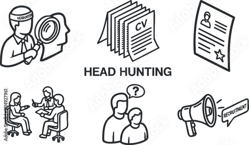 Collection of vector illustrations depicting head hunting concepts, including resumes, interviews, and recruitment activities for HR and business use