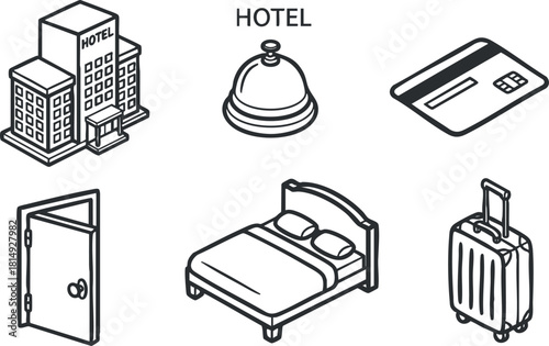Outline vector illustration of hotel elements including building, reception bell, credit card, door, bed, and suitcase for travel and hospitality concepts