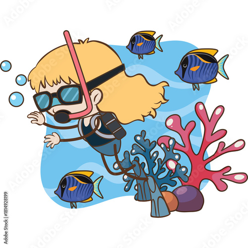 Pixel Art Blonde Girl Scuba Diving Underwater With Blue Fish and Coral Reef in a Light Blue Ocean Background