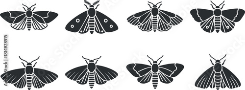 Silhouette vector icon set showing various moth designs, perfect for nature-themed projects and graphic design.